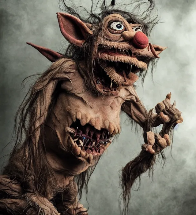 Image similar to hyper realistic photography of indonesian demon hairy fluffy muppet show horror nightmare elf goblin monster with long arms, ventriloquist, human anatomy, real teeth, full body, cinematic symmetric dark _ crystal, brian froud, alan lee, jean baptiste monge, scott radke