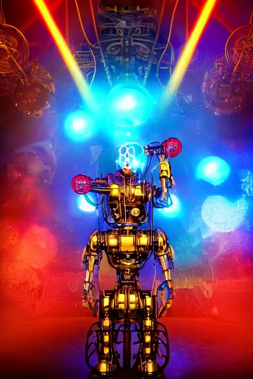 Prompt: portrait photo of a giant huge golden and blue metal humanoid steampunk robot female singer with headphones and gears and tubes, in the foreground is a big red glowing microphone, eyes are glowing red lightbulbs, shiny crisp finish, 3 d render, 8 k, insaneley detailed, fluorescent colors, background is multicolored lasershow