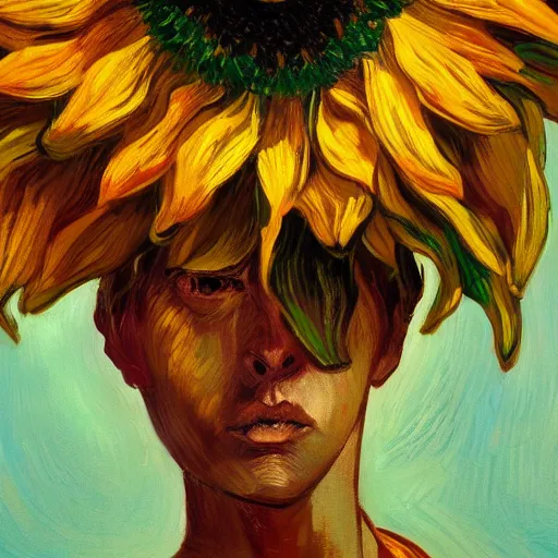 Image similar to giant sunflower head, woman in a luxury apartment, surreal, dramatic light, impressionist painting, digital painting, artstation, van gogh