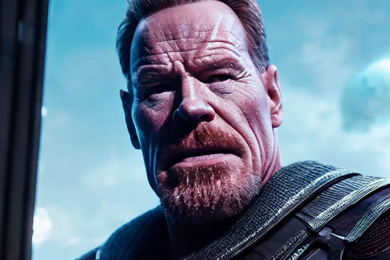 Prompt: promotional image of Bryan Cranston as Thanos in Avengers: Endgame (2019), movie still frame, promotional image, imax 70 mm footage