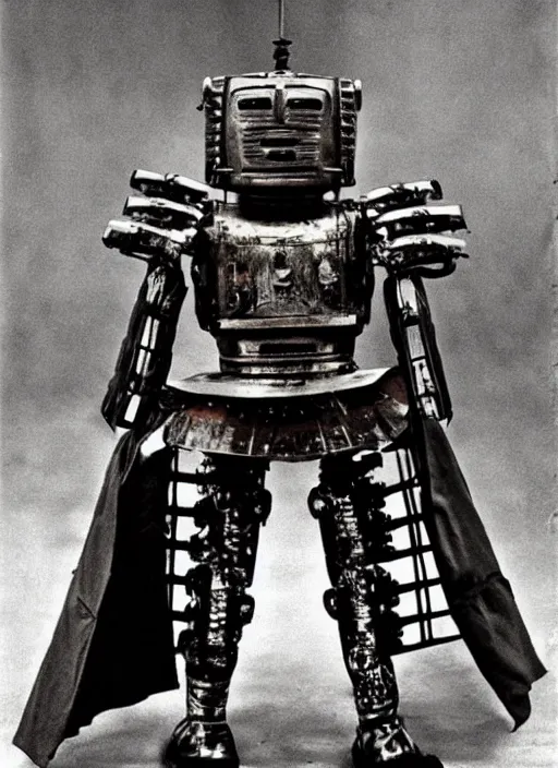 Prompt: old photo of robot samurai by akira kurosawa