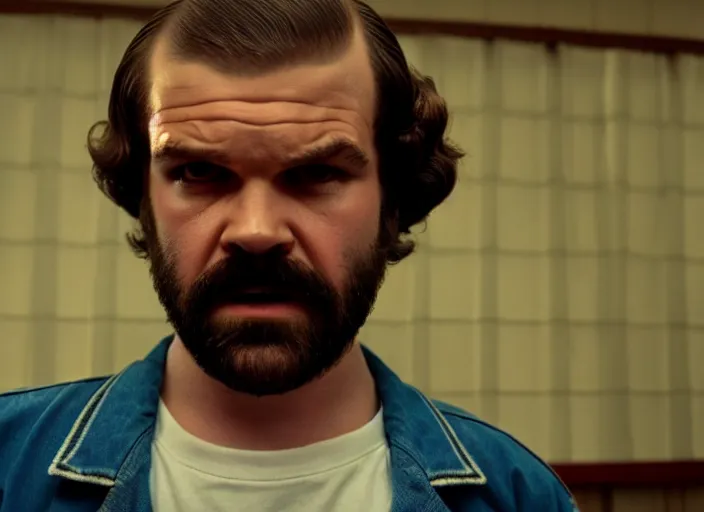 Image similar to film still of jim hopper as dustin henderson in stranger things, 8 k