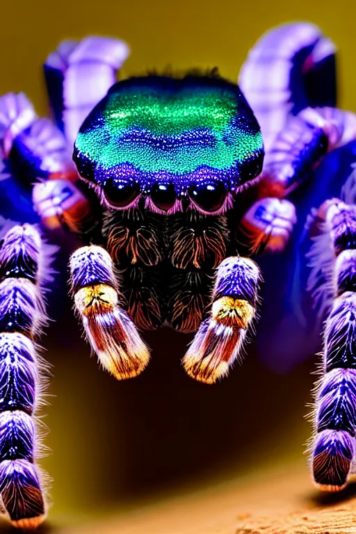 Image similar to high quality macro photo iridescent tarantula! jewelled cute! highly detailed david ligare elson peter cinematic blue lighting high quality low angle hd 8k sharp shallow depth of field