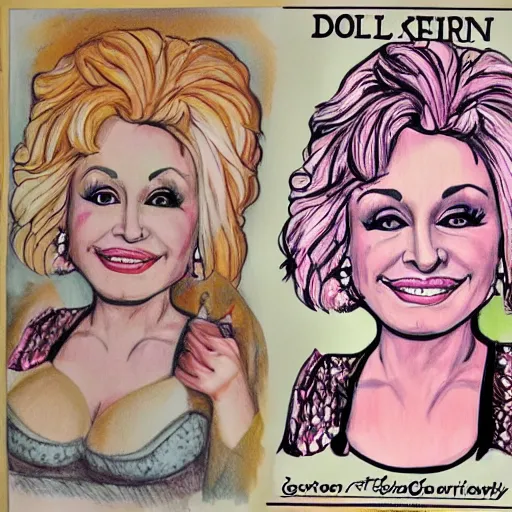 Prompt: dolly parton character sheet, illustration, sketch, portrait, gaudy colors, traditional painting, rough paper