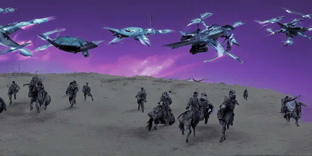 Image similar to neurotic depiction of a battlefield with horses riding drones and militarized turtles, weapon design by zaha hadid, y 2 k aesthetic, dark purple background, chesley bonestell, 4 k