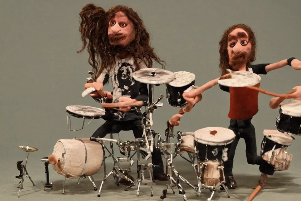 Image similar to a claymation film still of a curly long hair drummer playing the drum set. claymation by bruce bickford