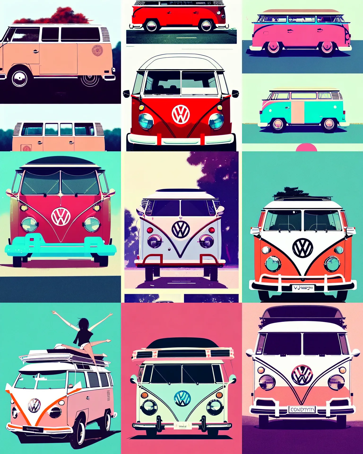 Prompt: captivating, memorable, a ultradetailed beautiful photo of a convertible vw bus, joyous, wide, by conrad roset, greg rutkowski and makoto shinkai trending on artstation