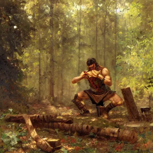 Image similar to a muscular lumberjack playing chess in the woods, fantasy painting by gaston bussiere, craig mullins