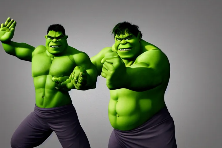 Prompt: the hulk and shrek doing yoga poses in the morning, produced in surreal sweatshop under fluorescent dominion, advanced, photorealistic, realistic, dramatic lighting, fantastic reality, by michelangelo, 8 k resolution