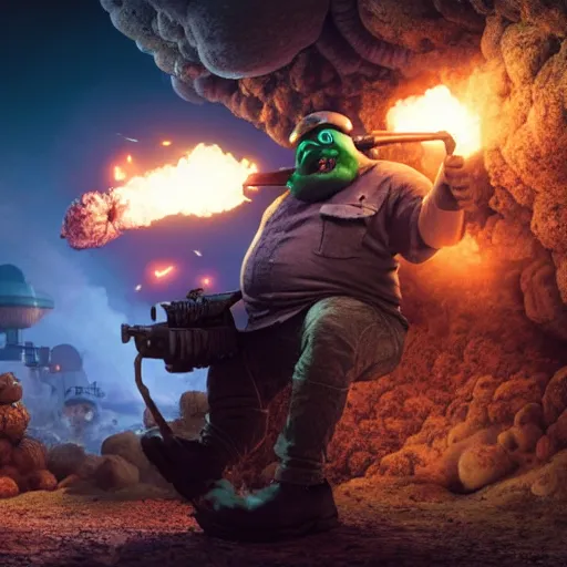 Prompt: highly detailed octane render of a short ugly fat man with a giant beard, holding a grenade launcher, wearing battle armour, goggles and a safety hat whilst laughing at a green mushroom cloud surrounded by dead insects in a cave