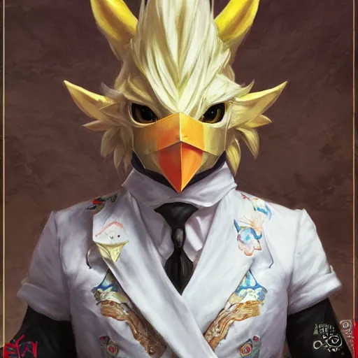 Image similar to final fantasy xiv elf wearing a tuxedo wearing also a racing chocobo mask by Stanley Artgerm Lau, greg rutkowski, thomas kindkade, alphonse mucha, loish, norman Rockwel