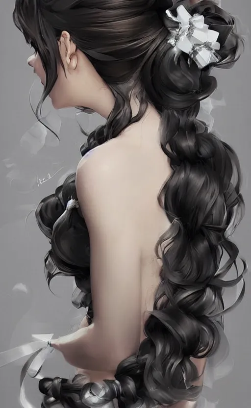 Image similar to beautiful hairstyle with a few pearls, tied with a white bow, pinterest hair picture, back of the hair, hair is the focus, In style of Yoji Shinkawa, krenz cushart, Greg Rutkowski, highly detailed