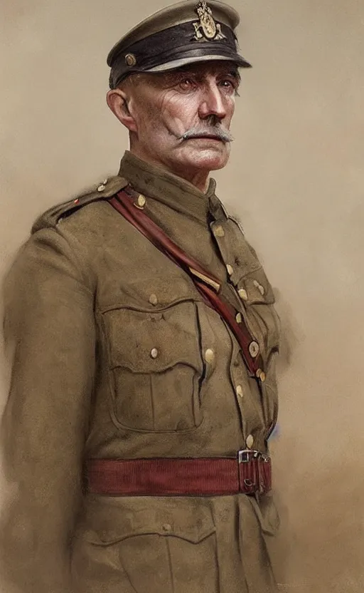 Prompt: portrait of a wwi british army general, male, detailed face, first world war, 2 0 th century, highly detailed, cinematic lighting, digital art painting by greg rutkowski