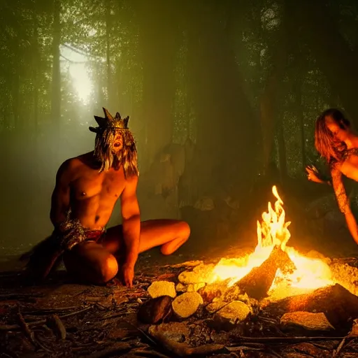 Image similar to spartan doing ayahuasca ritual with wolf and shaman at camp fire, jungle background, full moon with stars, hyper realistic award winning photographic portrait photography, dramatic cinematic lighting