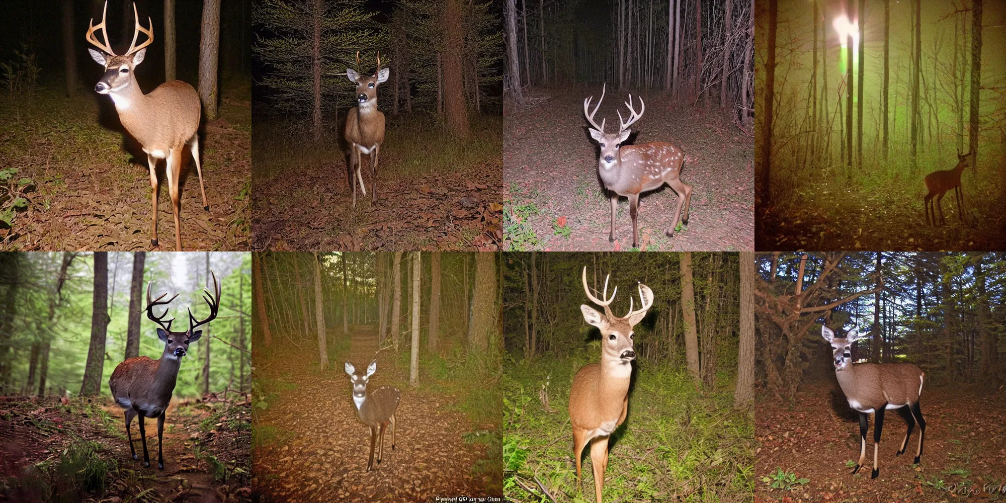 Prompt: trail camera photo of a deer at night in the forest. flash. red eyes