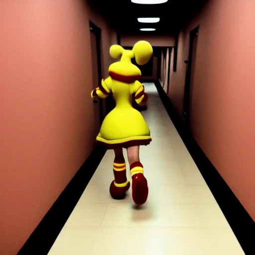 Image similar to Toy Chica walking down a hallway