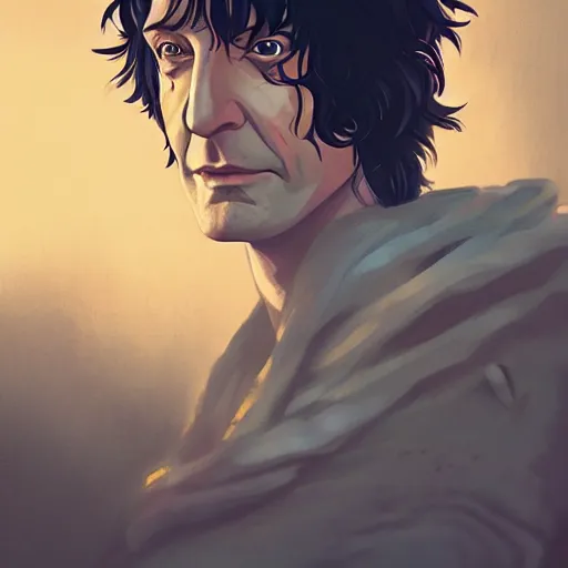 Image similar to portrait of Neil Gaiman as the Sandman, abandoned ruins landscape, night time, ambient lighting, 4k, anime key visual, lois van baarle, ilya kuvshinov, rossdraws, artstation