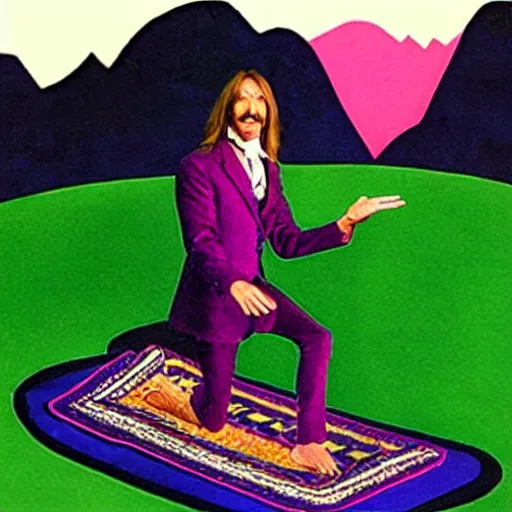 Prompt: “Doug Henning on a magic carpet flying over the mountains in the style of scrojo”