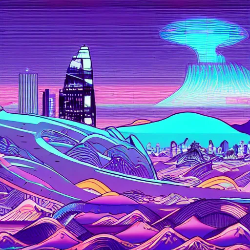 Image similar to a futuristic utopian cityscape that doesn't conform to the laws of physics in the style of the great wave japanese painting, synthwave color scheme