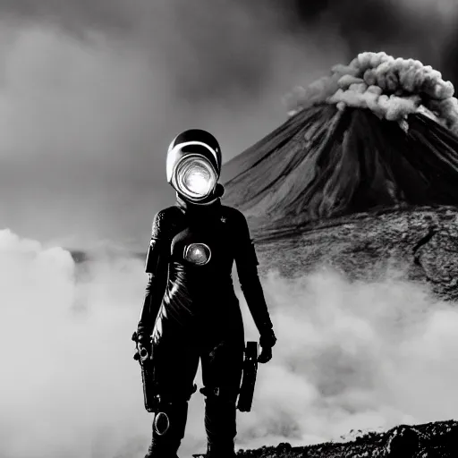 Prompt: A high armored white woman suit with a one red light eye gasmask standing in front of an erupting volcano, professional photography, black and white, cinematic, eerie