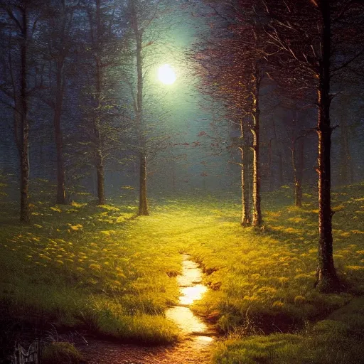 Prompt: Buttercup forest at night, moonlight, Greg Rutkowski, Thomas Kinkade, hyperrealism