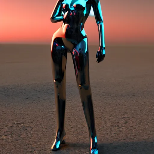 Image similar to beautiful android woman, standing in a barren wasteland, futuristic, chrome and colorful, photo - realistic, ray tracing, 3 d shading, octane render, popular on art station