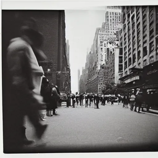 Image similar to wide-shot low-angle cat's eyesight photo of empty!!! animated walking ghostly people (((heads))) at the street in New York, polaroid photo, by Andy Warhol, signed