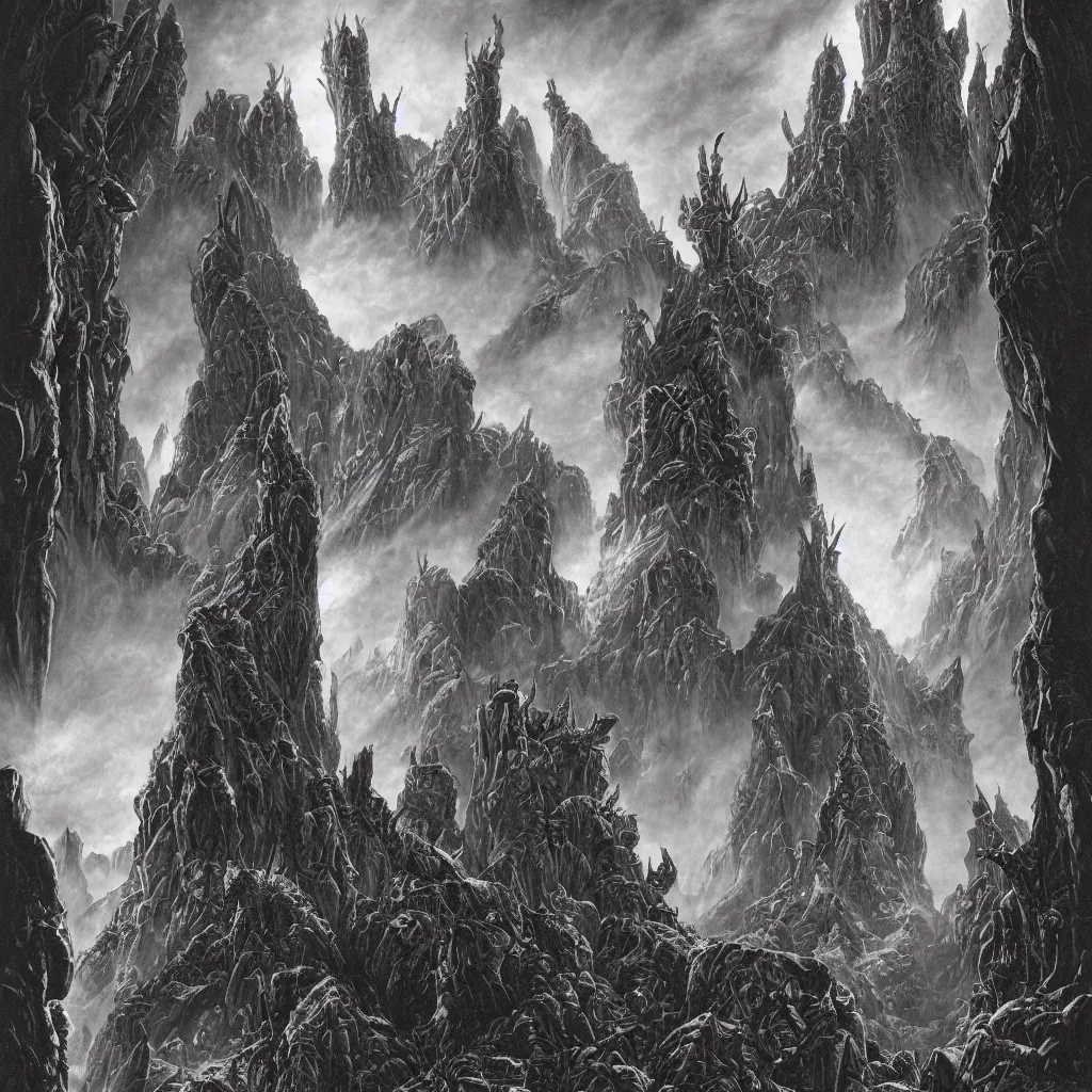 Prompt: grotesque alien castle and cyclopean tower and demonic tentacle dragon church in the mountains of antarctica, upward cinematic angle, by rodney matthews, tim hildebrandt, bill sienkiewicz and stephen gammell, fantasy art, intense atmosphere, striking composition, ghost faces, evil symbols, intricate, strange, ornate, digital art, hyperdetailed, colorful hyperrealism, blue and violet color scheme, photorealism, 8k