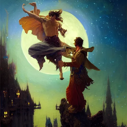 Image similar to attractive male wizard magically floating and flying high in the night sky, fantasy, full moon in background. highly detailed painting by gaston bussiere, craig mullins, j. c. leyendecker, mid shot, 8 k