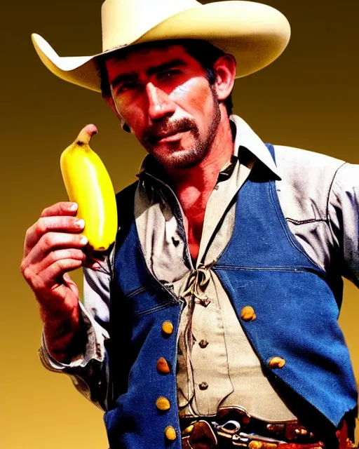 Prompt: A cowboy holding a banana, wild west duel, cinematic