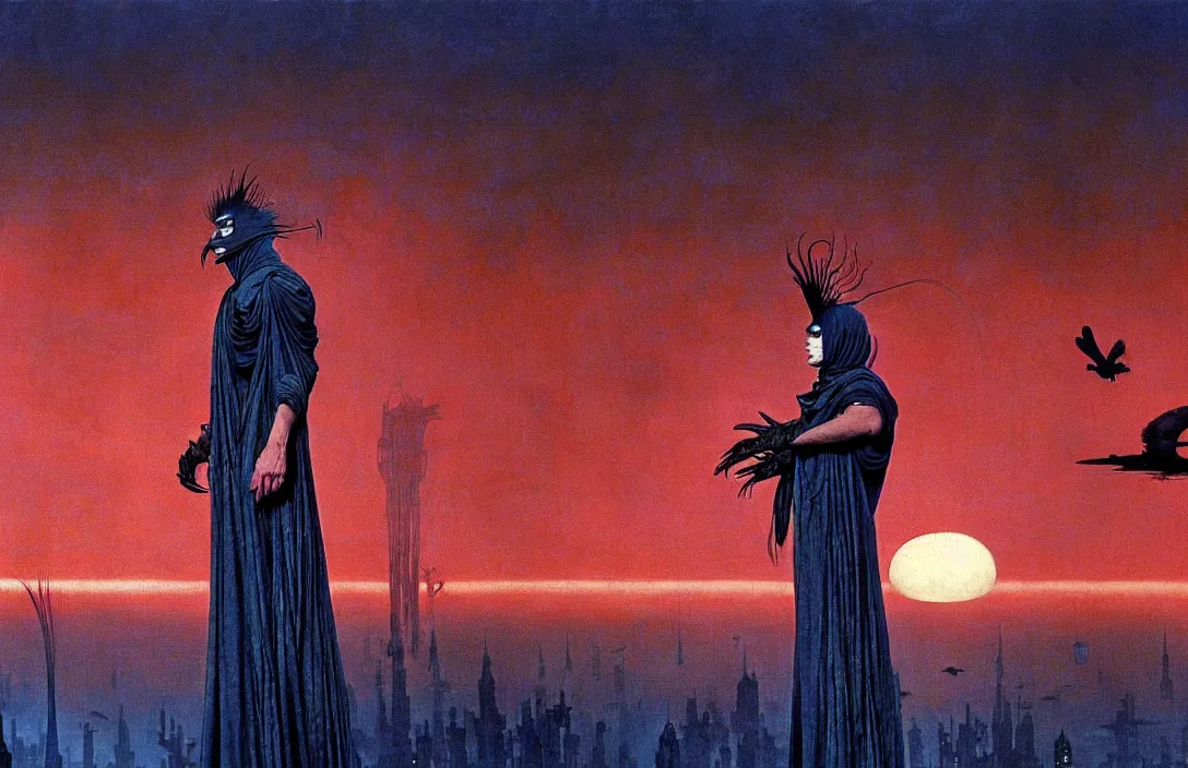 Prompt: extremely detailed portrait film shot of a birdman wearing dark ragged robes, futuristic city sunset landscape background by denis villeneuve, amano, yves tanguy, alphonse mucha, ernst haeckel, max ernst, roger dean, ridley scott, dramatic closeup composition, rich moody colours, blue eyes