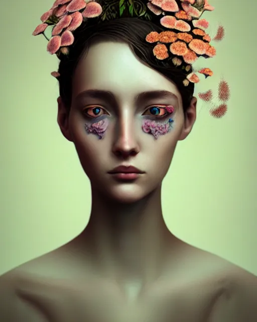 Image similar to a digital portrait of a beautiful sad woman with flowers and fungus growing out of her head and eyes, intricate, sharp focus, digital illustration, highly detailed, octane render, digital painting, matte, art by professional artist