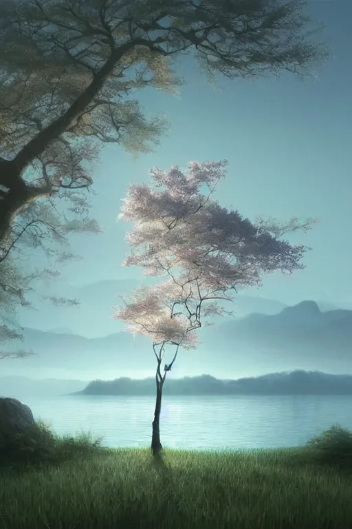 Image similar to vanishing point a single sakura tree upon a lake, viewed from afar, stephen bliss, mist, unreal engine, fantasy art by greg rutkowski, loish, rhads, ferdinand knab, makoto shinkai and lois van baarle, ilya kuvshinov, rossdraws, tom bagshaw, global illumination, radiant light, minimalist, detailed and intricate environment