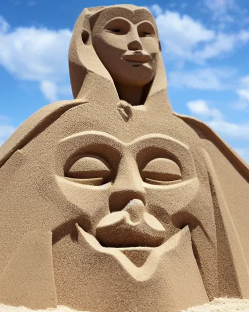 Image similar to a detailed sandcastle with the face of anonymous