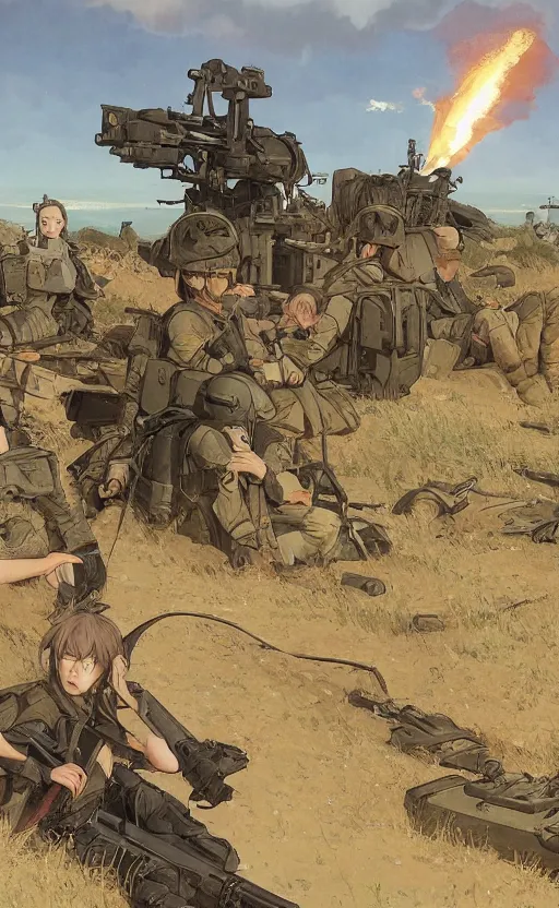 Image similar to manga, modern warfare, panoramic view of a girl under artillery fire, trench and sandbags in background, soldier clothing, long hair, hair down, symmetrical facial feature, from arknights, wallpaper, trending pixiv, safebooru, volumetric lighting, by alphonse mucha, greg rutkowski, sharp focus, backlit