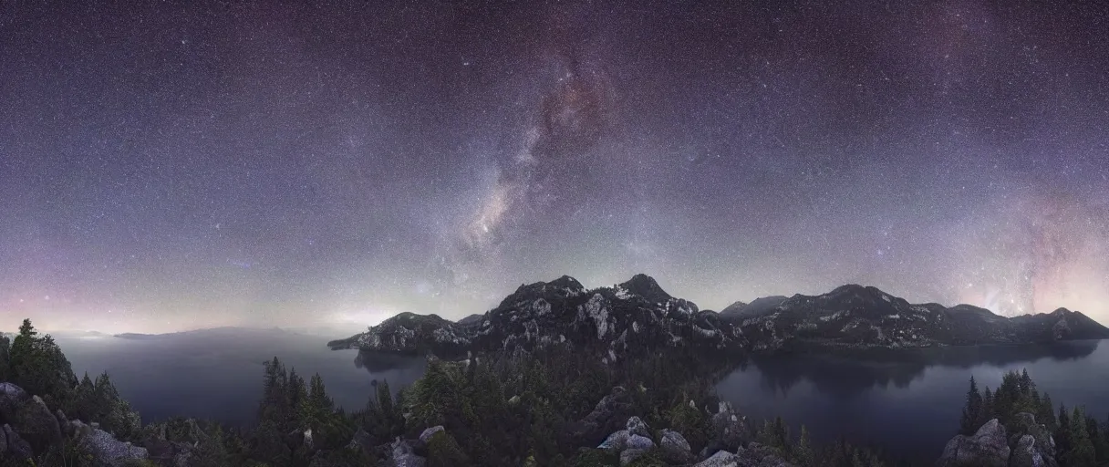 Image similar to digital photography of a ultra detailed night sky with constellations, ultra detailed milky way constellation, Perseides meteor shower, ultra detailed hill top over behind a forest with a magical blue lake, magical atmosphere, large mountains in back, concept art, low angle, high detail, warm lighting, volumetric, vivid, beautiful, trending on artstation, by Jordan Grimmer, no focus, huge scene, ultra detailed trees, F11 aperture, in the style of JIM RICHARDSON
