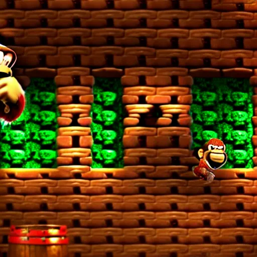 Image similar to Donkey Kong in a beautiful mine with shiny crystals on the wall and floating barrels. Unreal engine.