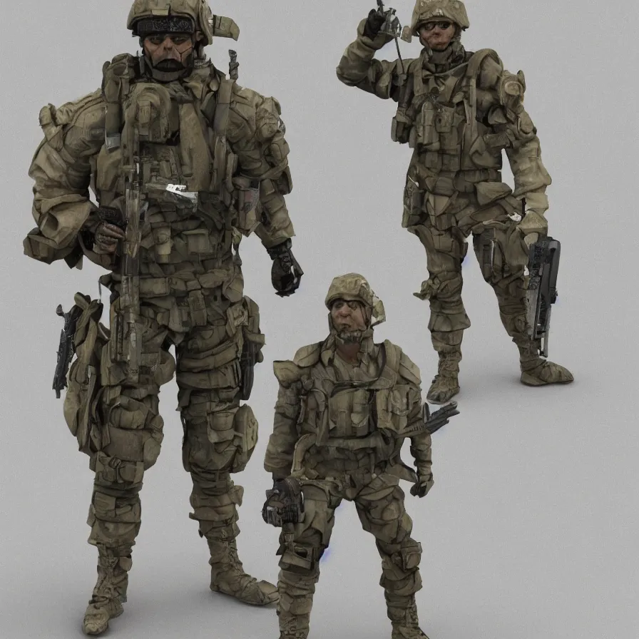 Image similar to lone single suited being, 4 limbs and civilized behavior, military soldier behavior, photorealistic rendering, hyperdetailed