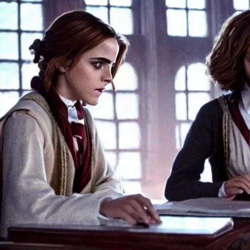 Prompt: Photo of Emma Watson as Hermione Granger using a computer next to Professor McGonagall in Hogwarts