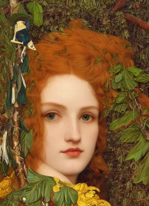 Prompt: masterpiece beautiful seductive flowing curves preraphaelite face portrait amongst leaves, extreme close up shot, straight bangs, thick set features, yellow ochre ornate medieval dress, magpie, amongst foliage mushroom forest circle arch framing, kilian eng and frederic leighton and rosetti, 4 k