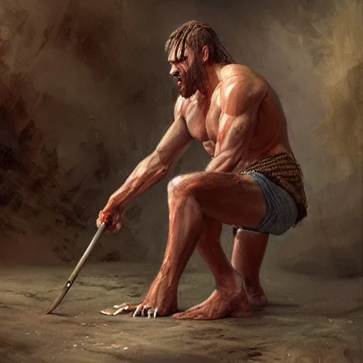 Image similar to Scandinavian berserker on his knees, painting by Diego Gisbert Llorens