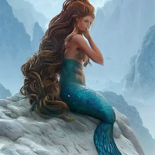 Image similar to beautiful mermaid with her hair flowing down, extremely high detail, photo realistic, cinematic, post processed, concept art, artstation, matte painting, style by Raphael Lacoste, Eddie Mendoza