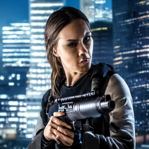 Image similar to photographic portrait of a techwear woman holding a shotgun, closeup, on the rooftop of a futuristic city at night, sigma 85mm f/1.4, 4k, depth of field, high resolution, 4k, 8k, hd, full color, Die Hard, movies with guns, movie firearms