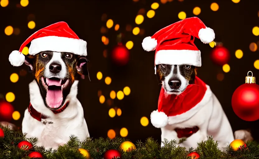 Image similar to studio photography of a dog wearing a christmas outfit, detailed face, cinematic lighting, 8 k