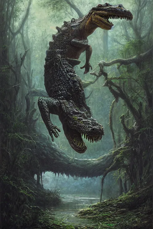 Prompt: a man fighting a giant alligator in a swamp by tomasz alen kopera.
