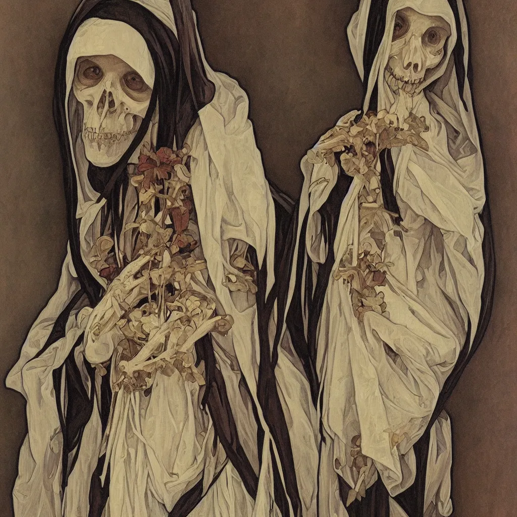 Image similar to a portrait of a skeleton nun in the style of Alphonse Mucha,Realistic style,oil on canvas