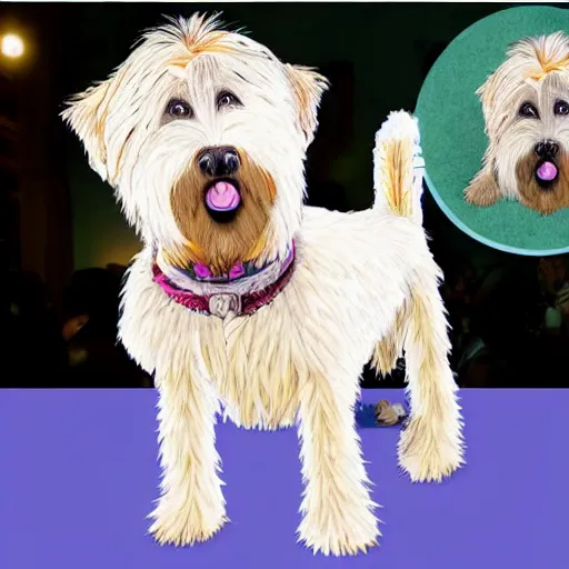 Image similar to hyper realistic photo of dolly parton as a wheaten terrier
