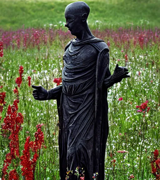 Image similar to mystical black death god figure statue in tall meadow of flowers, film photo, grainy, high detail, high resolution