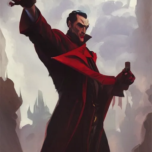 Image similar to greg manchess painting of dracula as an overwatch character, profile picture, matte painting, bold shapes, hard edges, street art, trending on artstation, by huang guangjian and gil elvgren and sachin teng