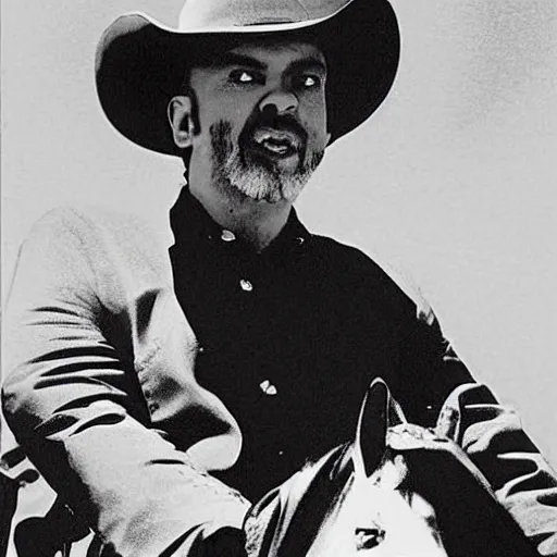 Image similar to anton lavey wearing a cowboy hat, riding a horse on the moon
